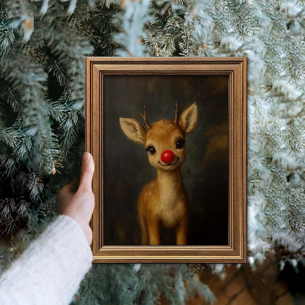Vintage Christmas Wall Art Decor Gold Framed Clown Reindeer Picture Painting - Picture 6 of 7